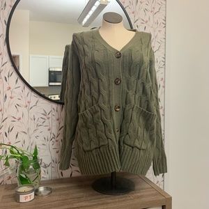 Olive green button up cardigan with knit detail